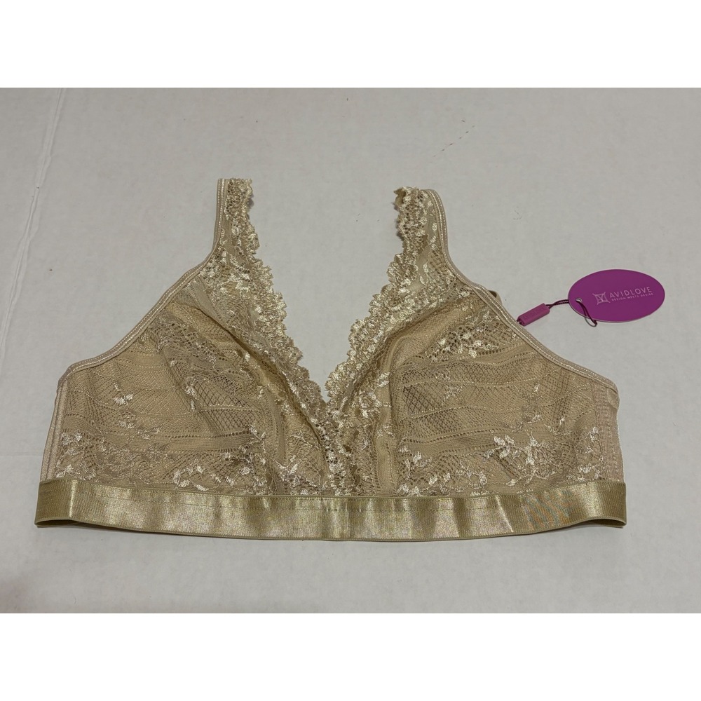 Avidlove Women Champagne Gold Floral Lace Bralette Metallic Band Size M NWT
